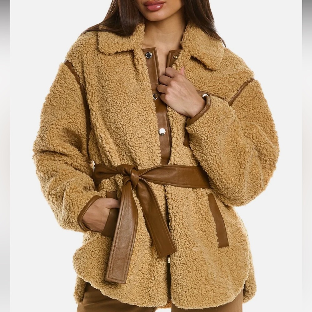 Sandro Maddox faux fur leather trim teddy coat